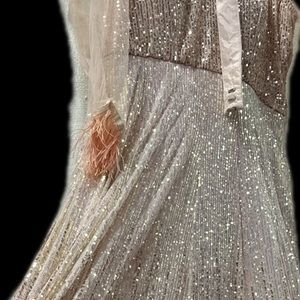 Blingy Sequined Blush Long Gown Dress w/Floral designed Belt